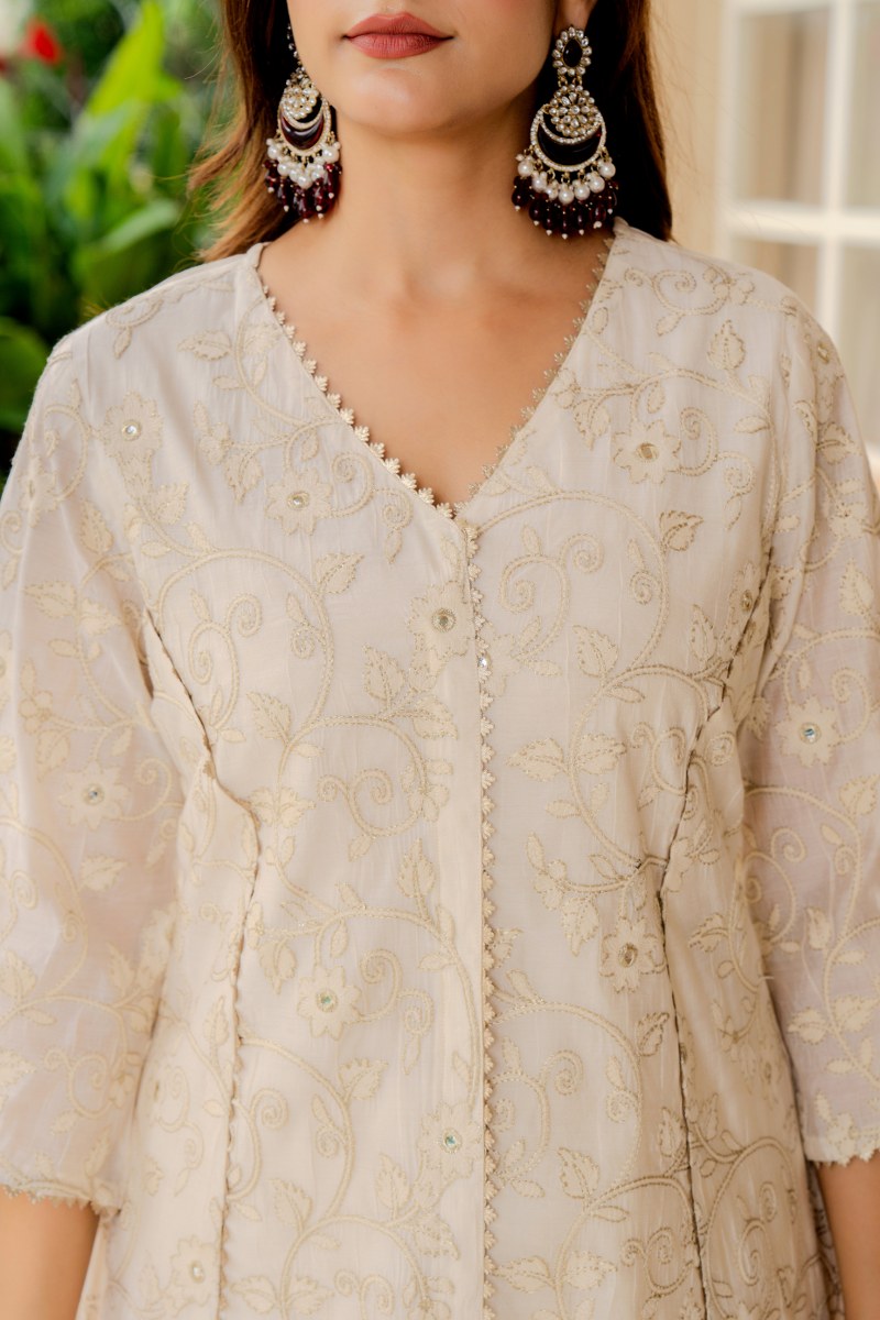 Designer Off-White Flared Kurta with Dhoti Pants & Dupatta – Women’s Festive Ethnic Set