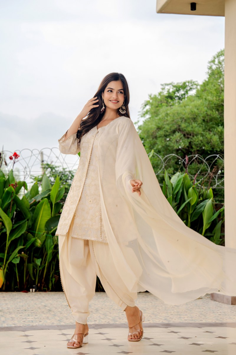 Designer Off-White Flared Kurta with Dhoti Pants & Dupatta – Women’s Festive Ethnic Set