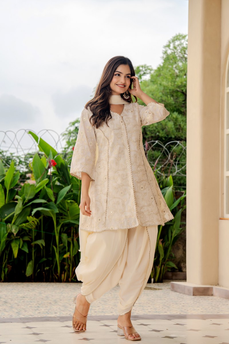 Designer Off-White Flared Kurta with Dhoti Pants & Dupatta – Women’s Festive Ethnic Set