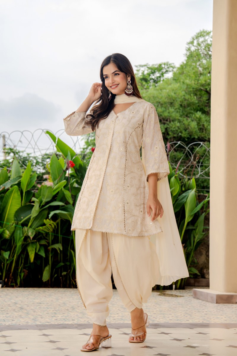 Designer Off-White Flared Kurta with Dhoti Pants & Dupatta – Women’s Festive Ethnic Set