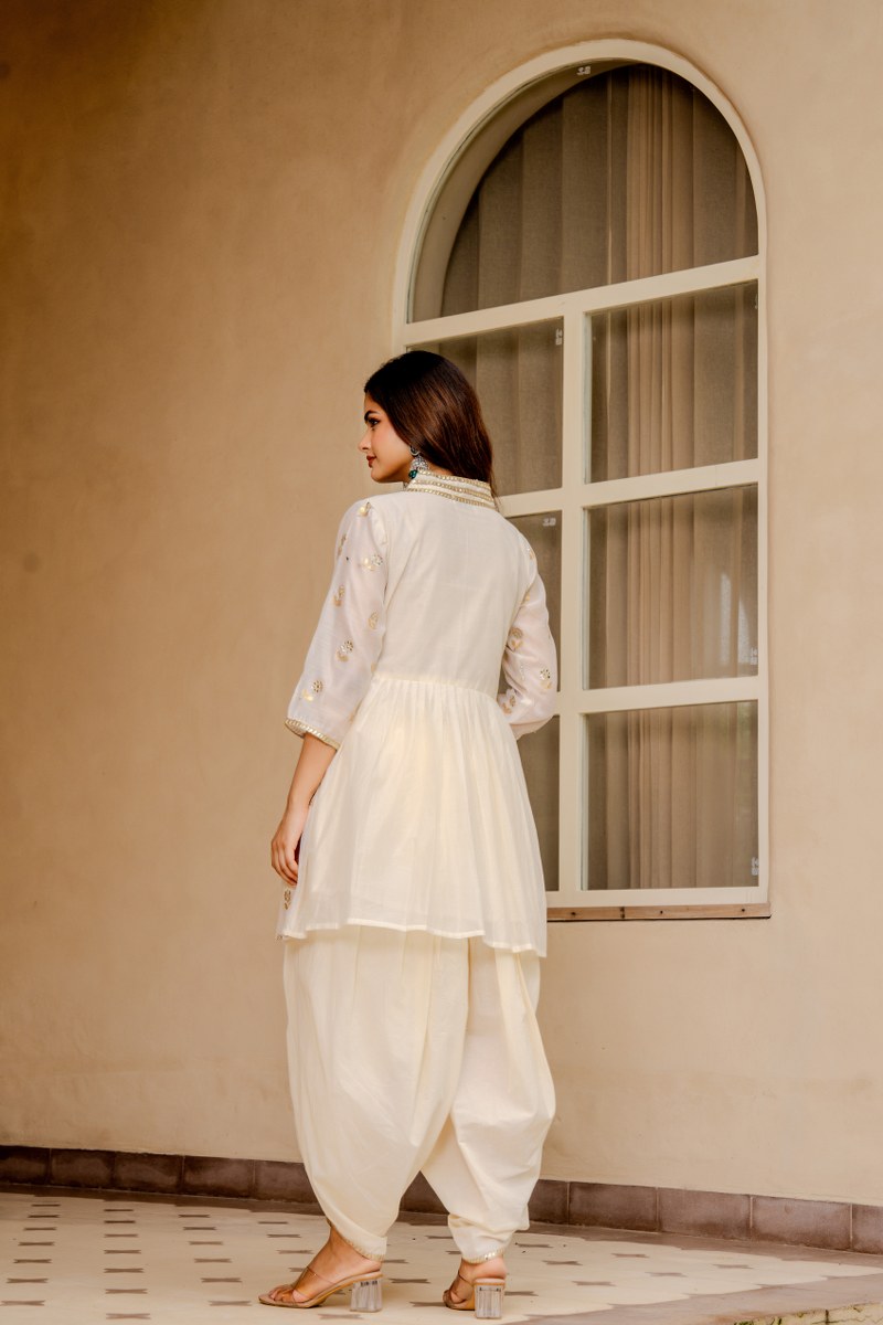 Elegant Off-White Mirror Work Kurta with Dhoti Pants & Dupatta – Festive Women’s Ethnic Set