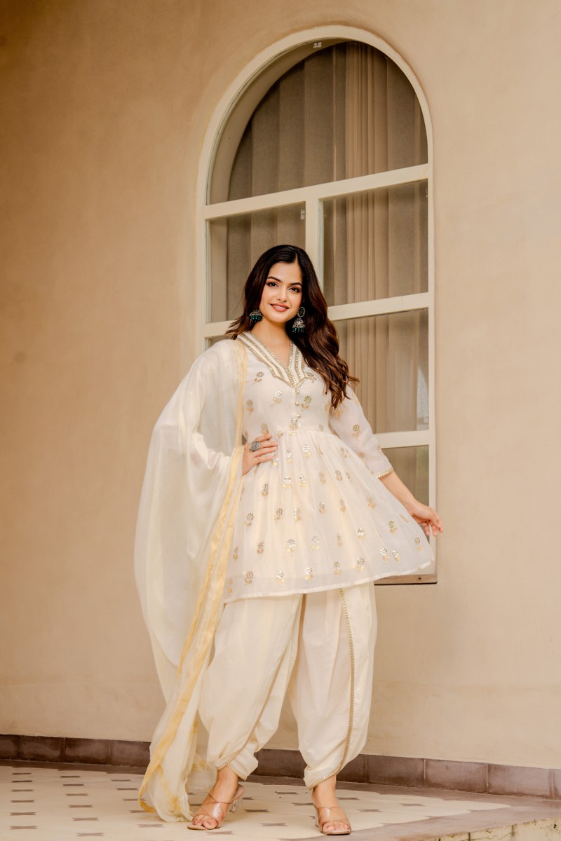 Elegant Off-White Mirror Work Kurta with Dhoti Pants & Dupatta – Festive Women’s Ethnic Set