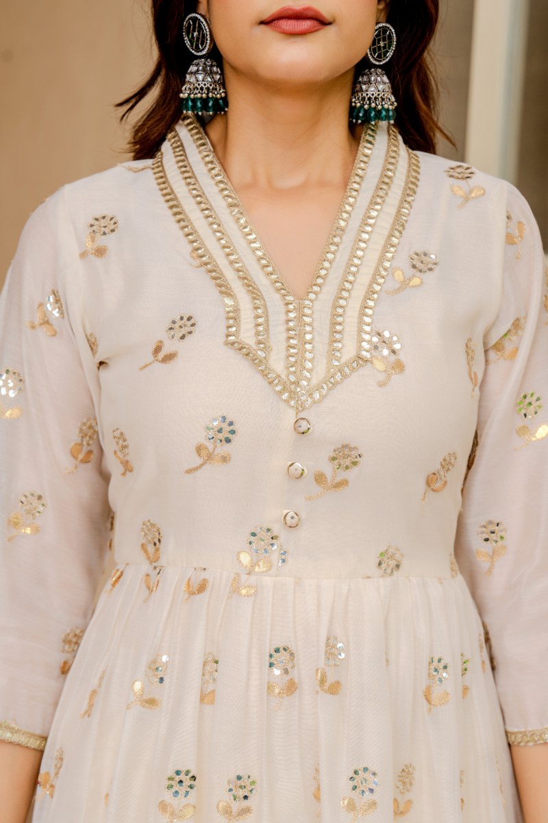 Elegant Off-White Mirror Work Kurta with Dhoti Pants & Dupatta – Festive Women’s Ethnic Set