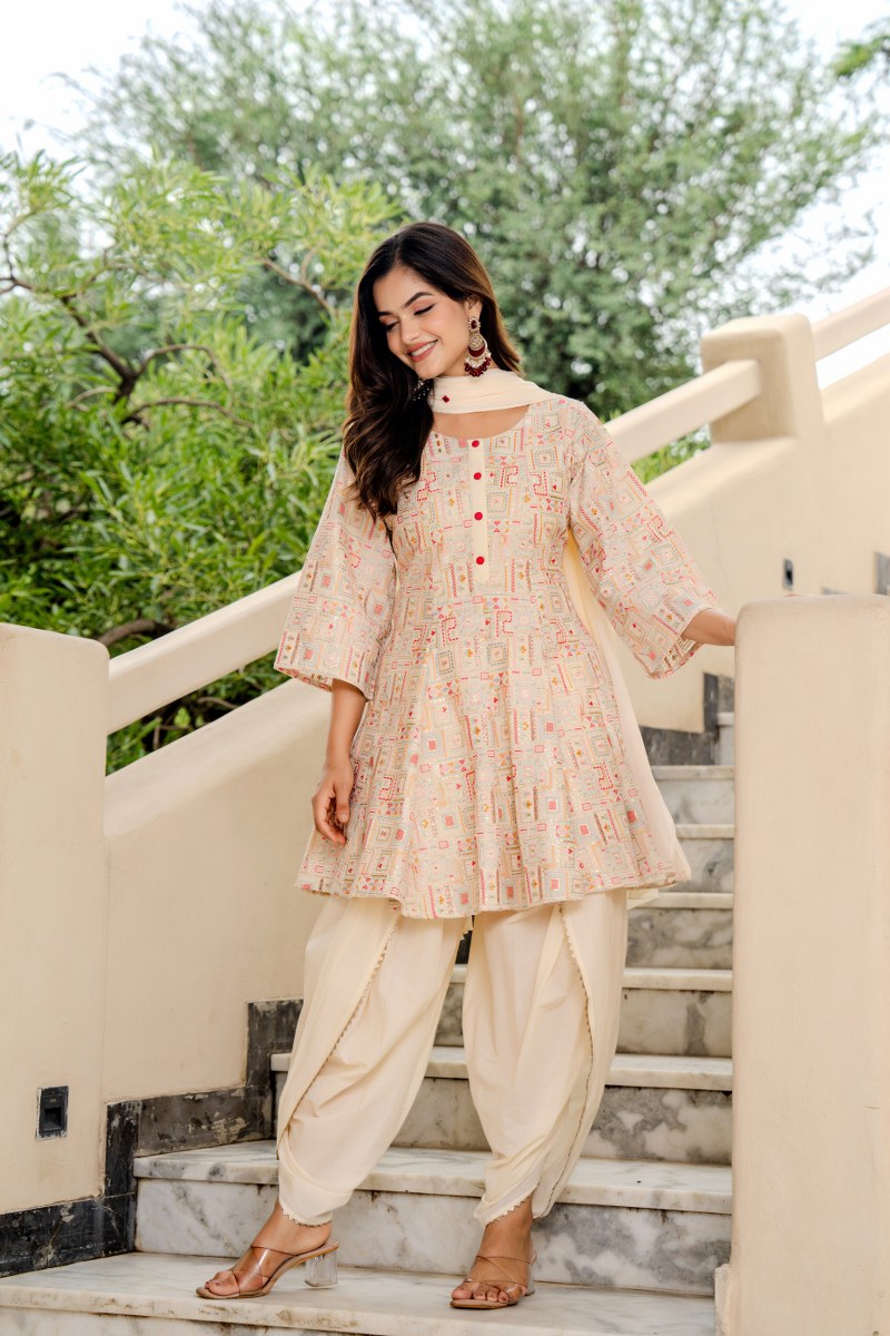Chic Off-White Embroidered Kurta with Dhoti Pants & Dupatta – Festive Ethnic Set for Women