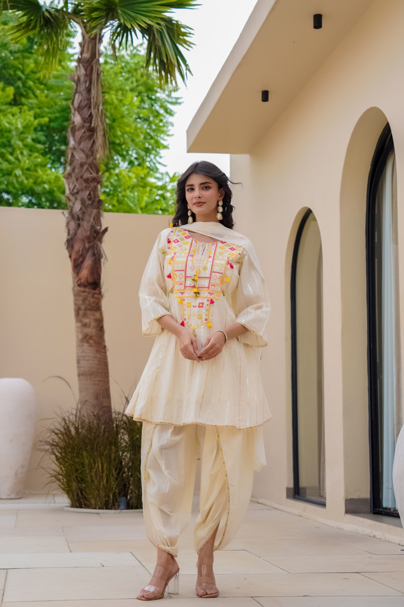 Elegant Off-White Embroidered Kurta with Dhoti Pants – Festive & Ethnic Wear for Women