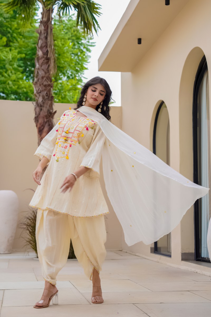 Elegant Off-White Embroidered Kurta with Dhoti Pants – Festive & Ethnic Wear for Women