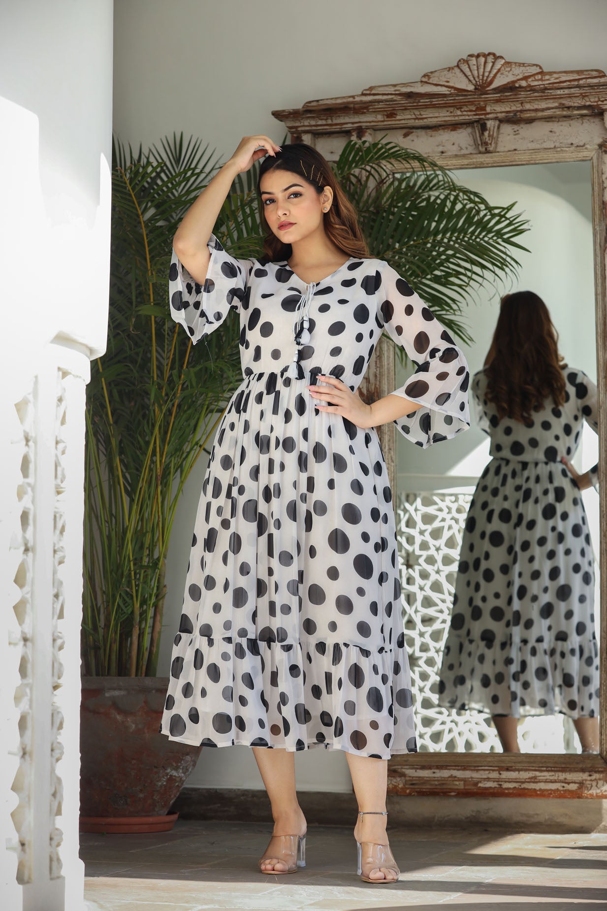 White Polka Flared Long Dress