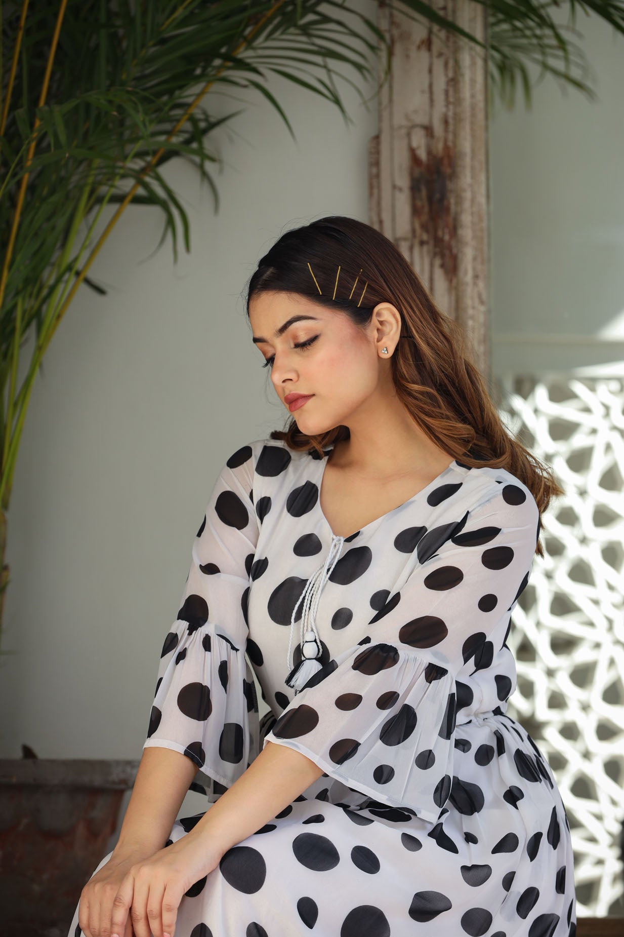 White Polka Flared Long Dress