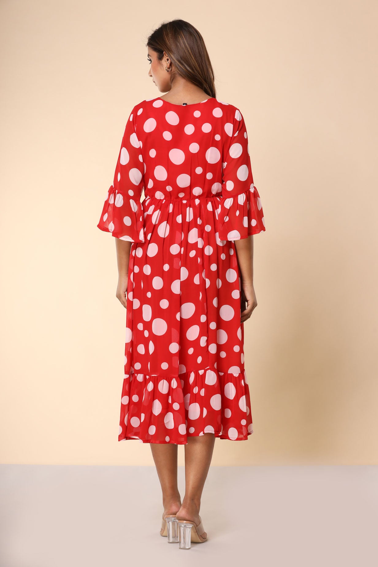 Red Polka Flared Long Dress