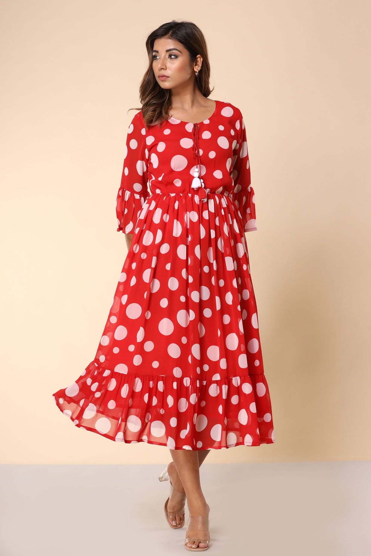 Red Polka Flared Long Dress