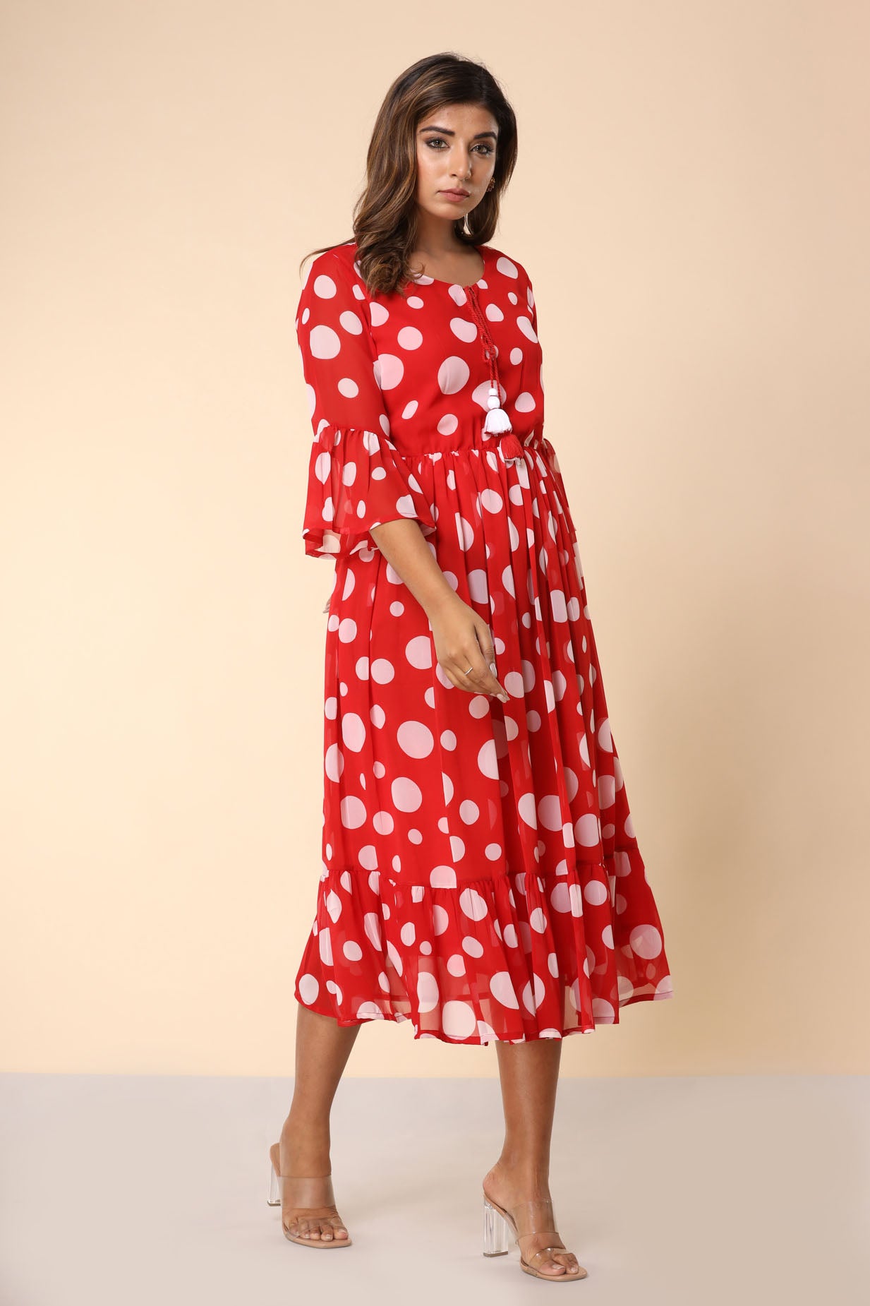 Red Polka Flared Long Dress
