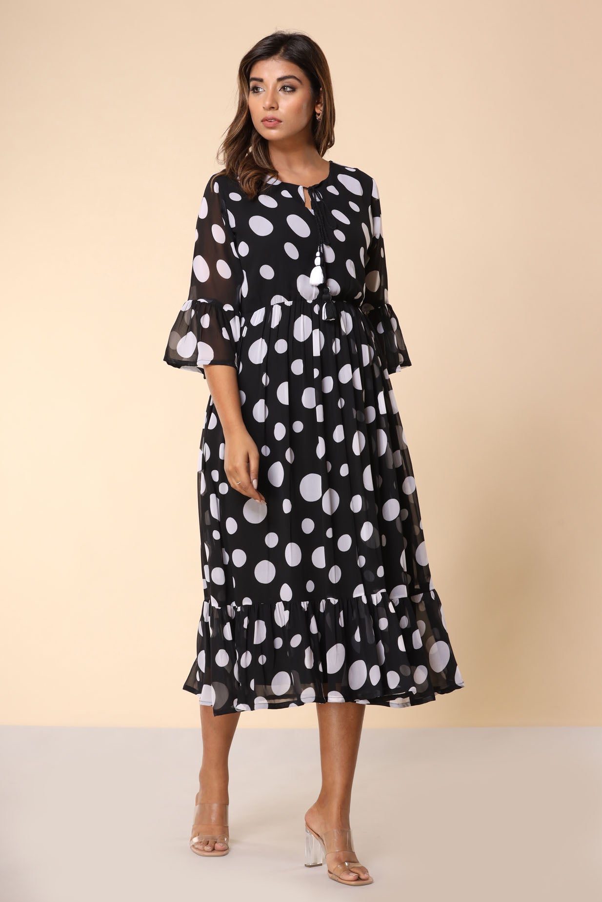 Black Polka Flared Long Dress