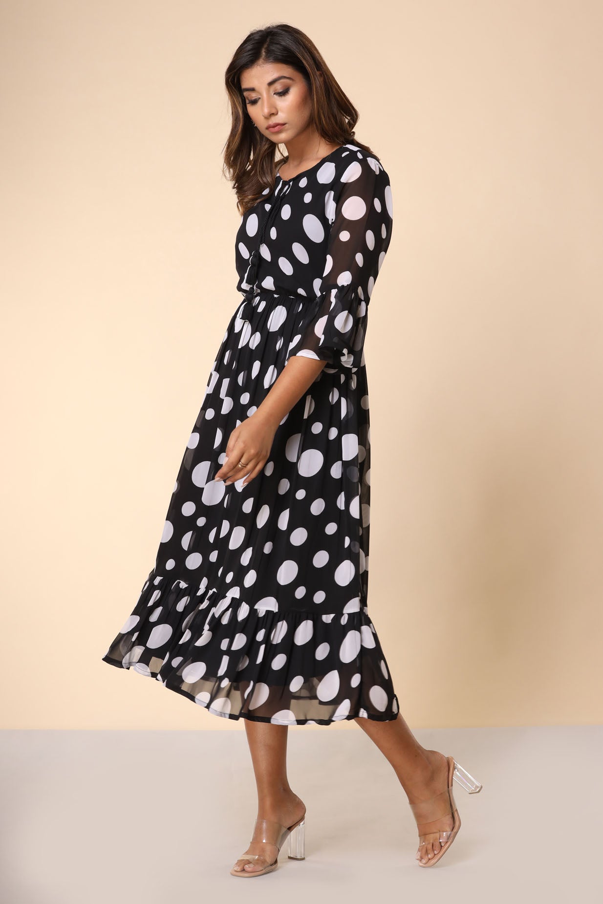 Black Polka Flared Long Dress