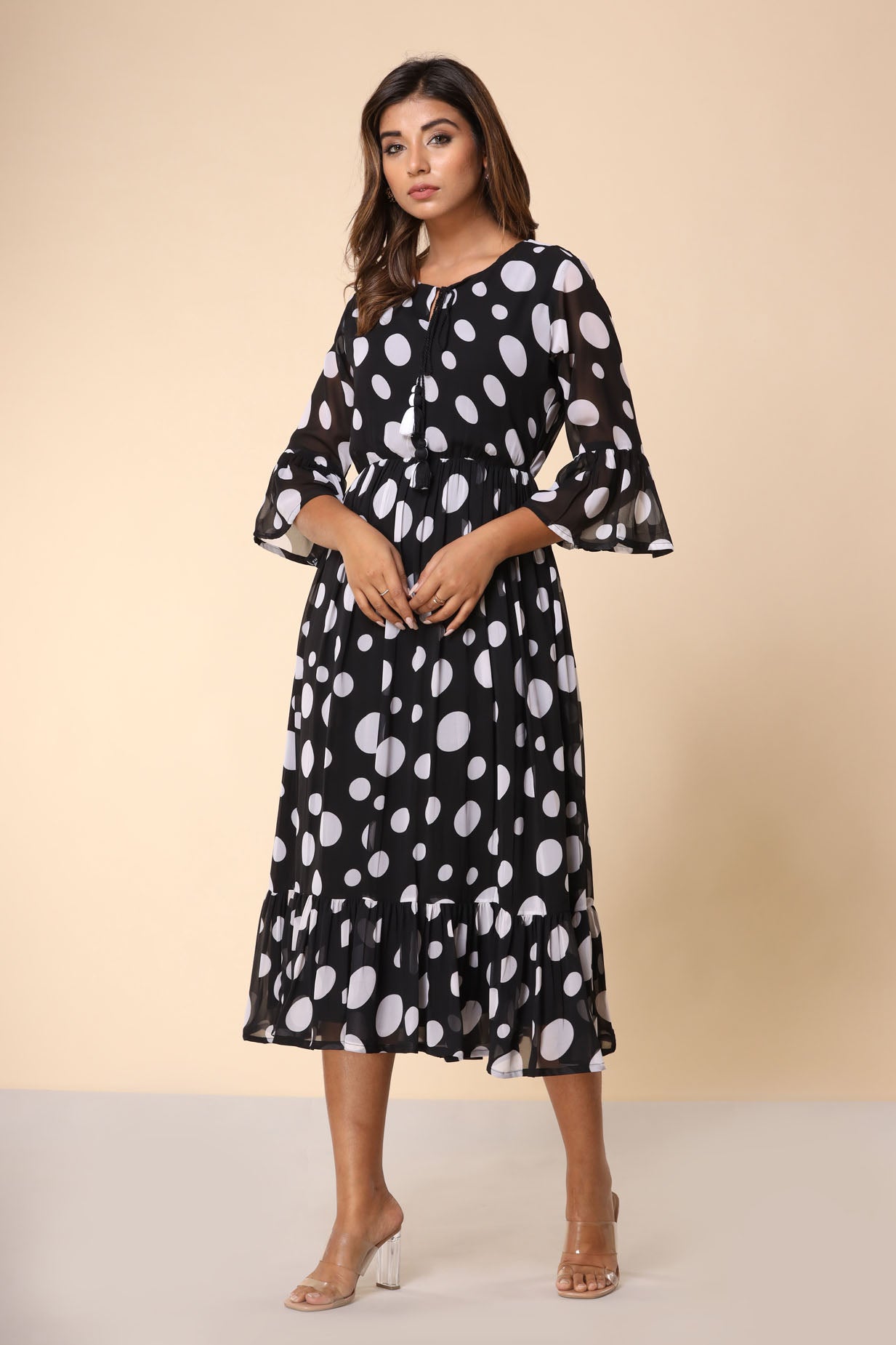 Black Polka Flared Long Dress