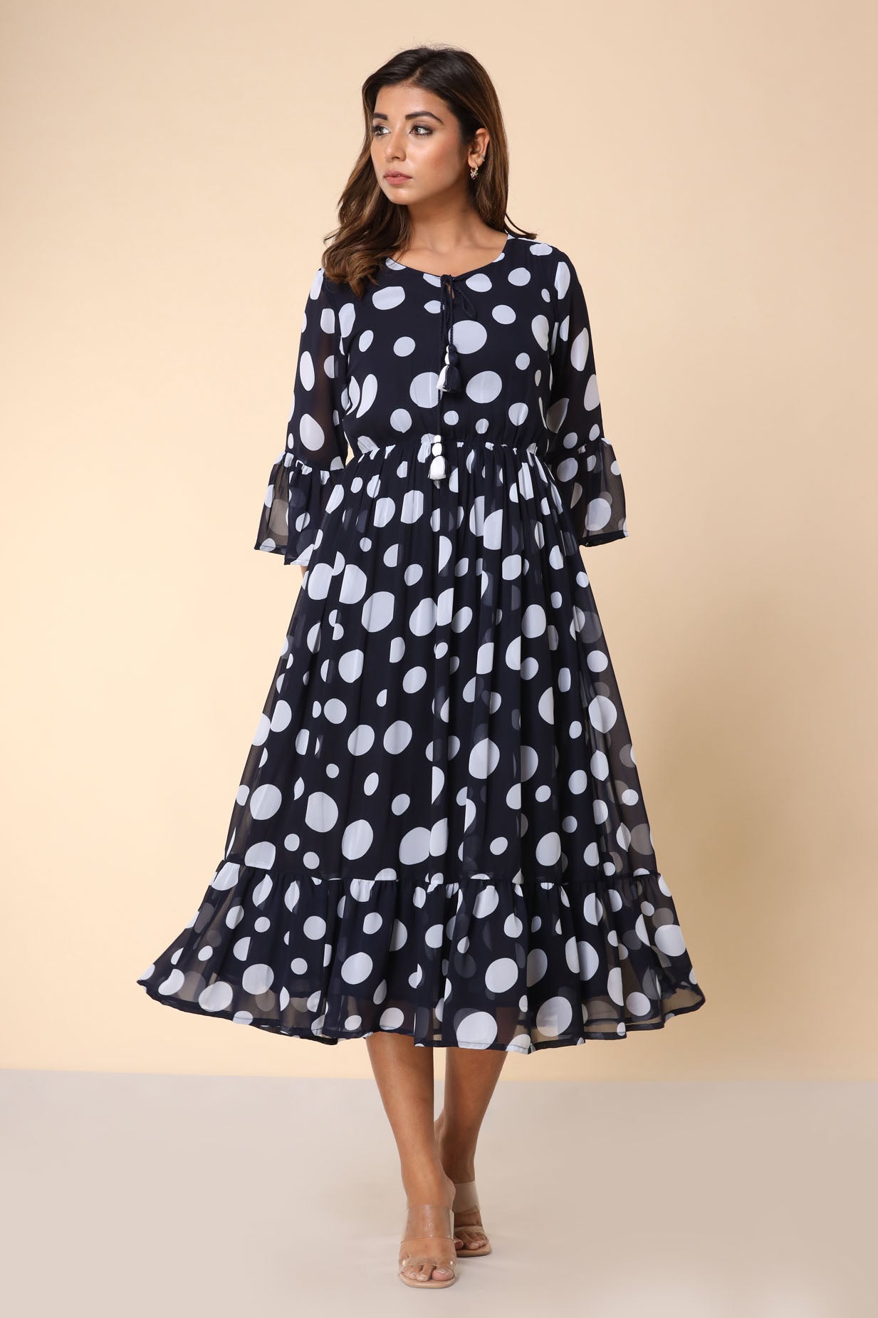 Blue Polka Flared Long Dress