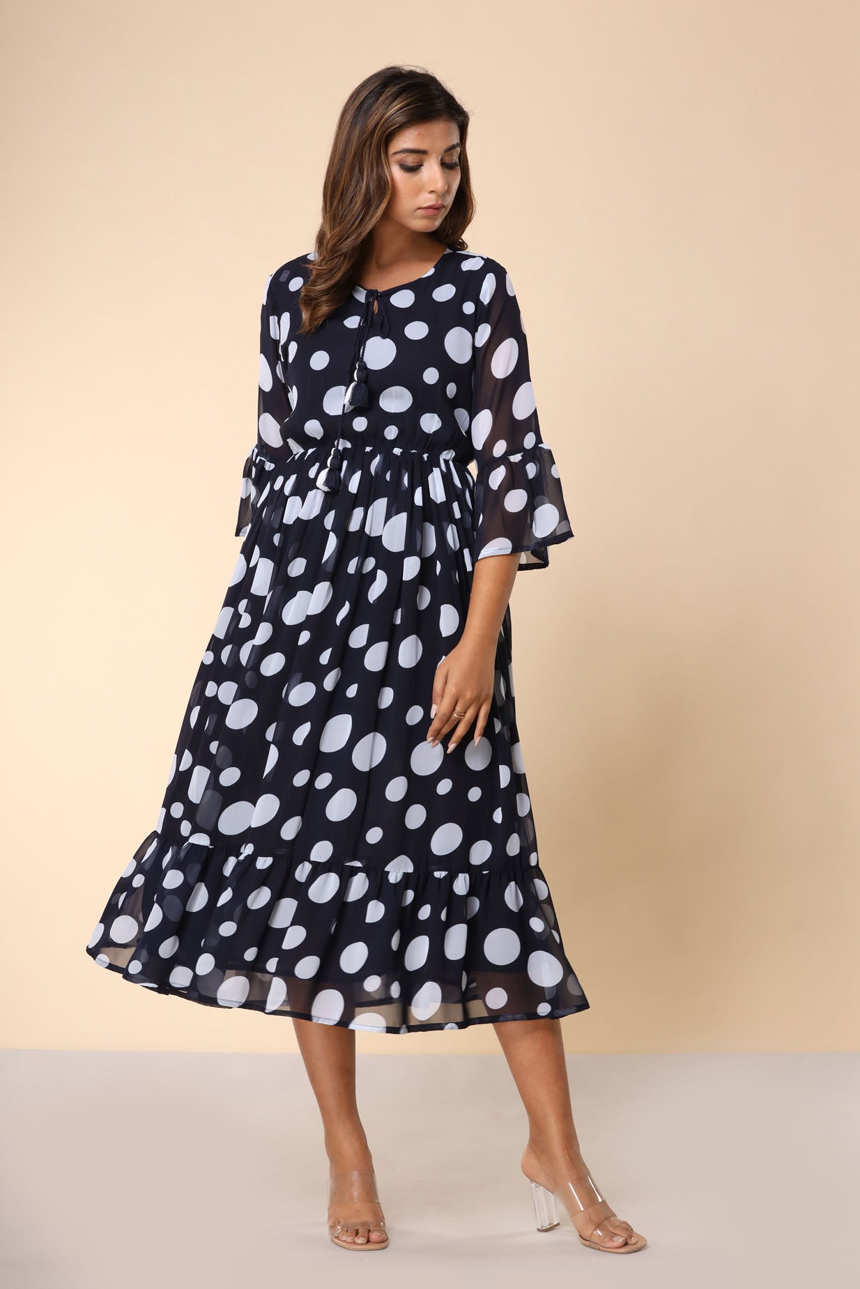 Blue Polka Flared Long Dress