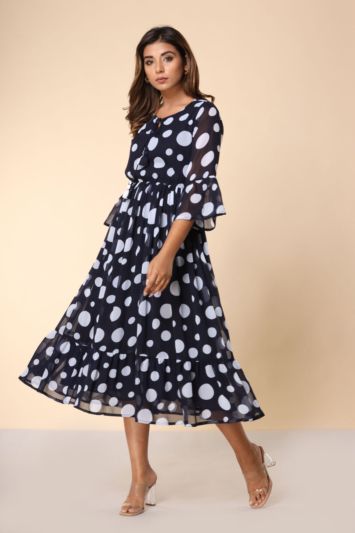 Blue Polka Flared Long Dress