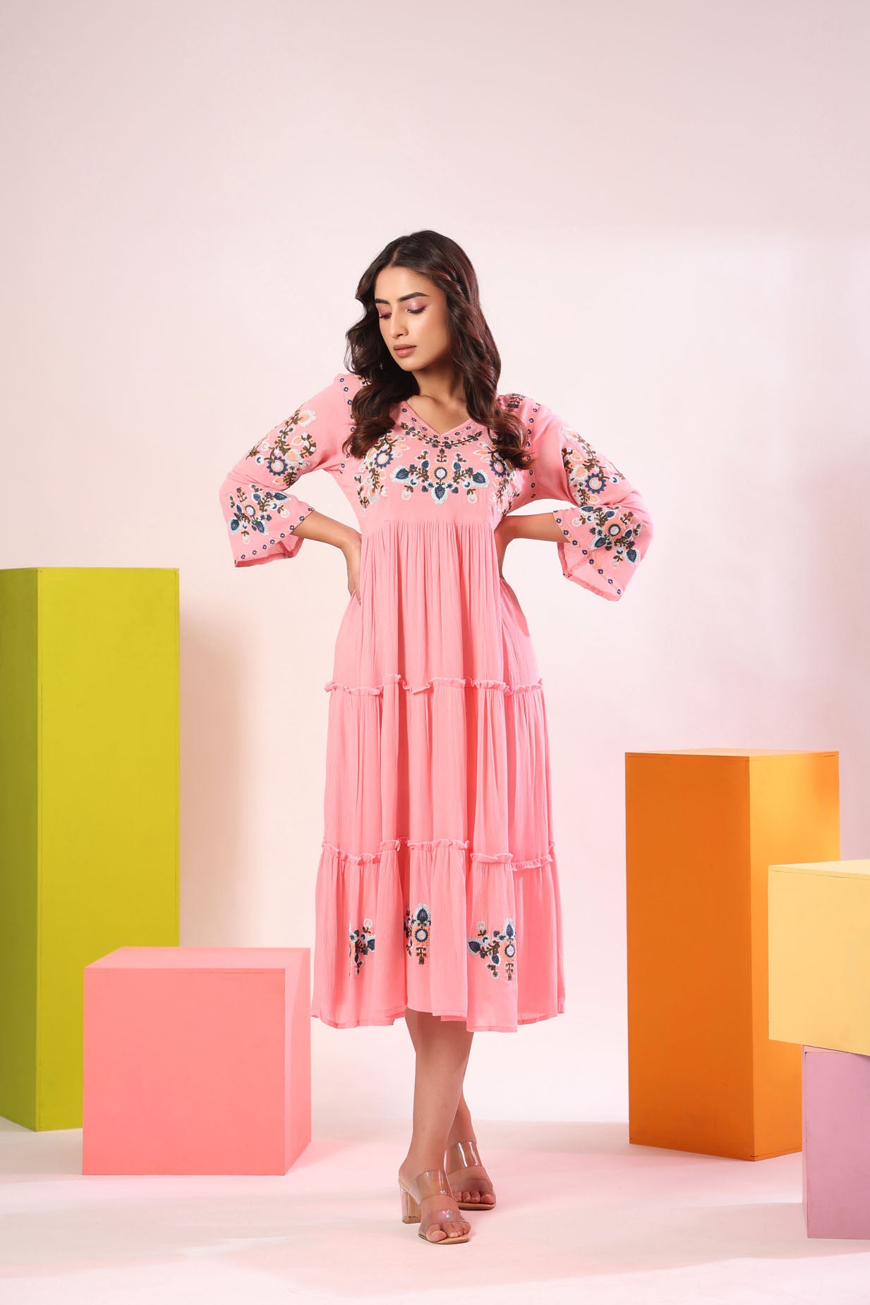 Mix Fabric Embroidred Ankle Dress