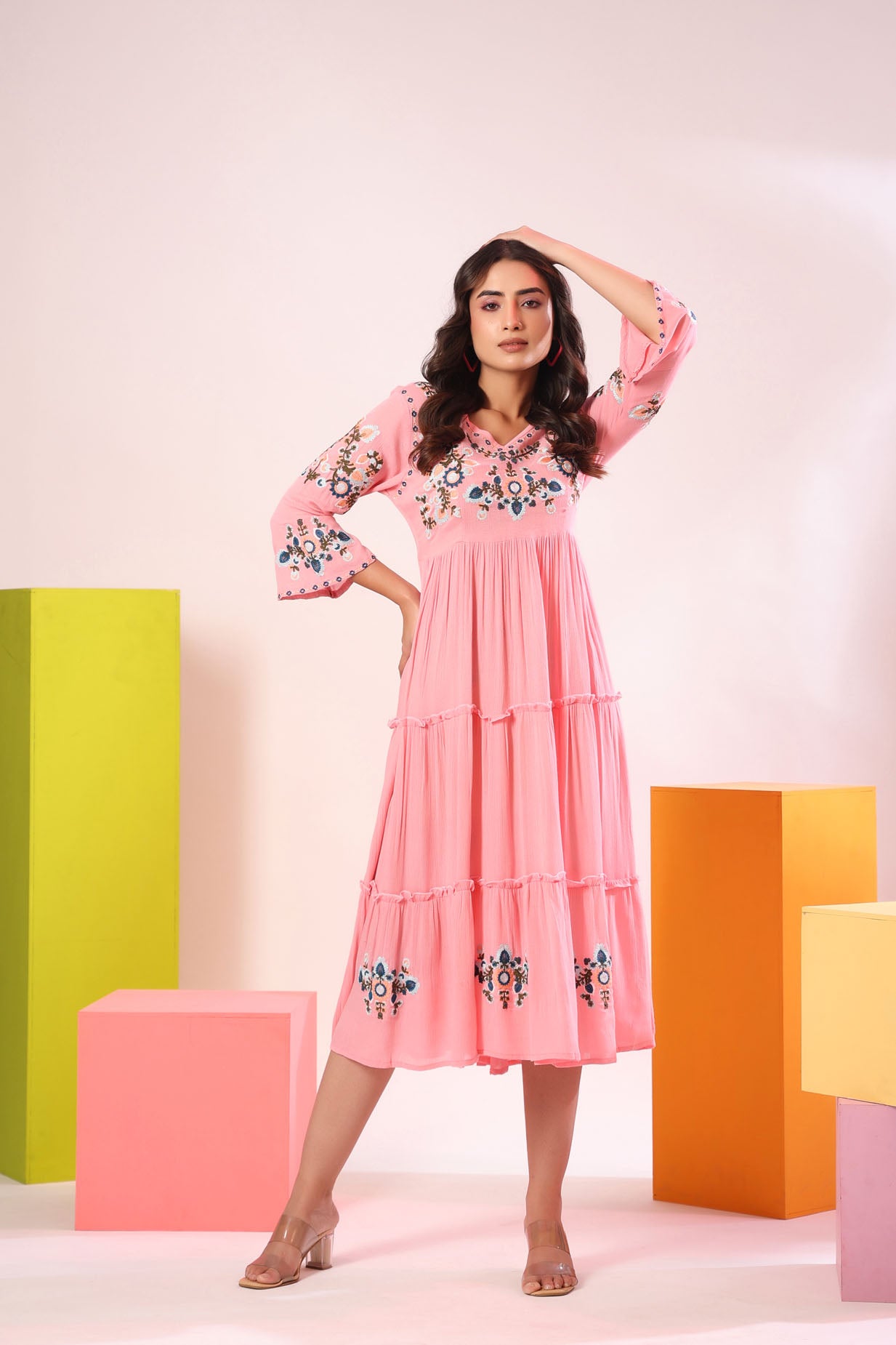 Mix Fabric Embroidred Ankle Dress