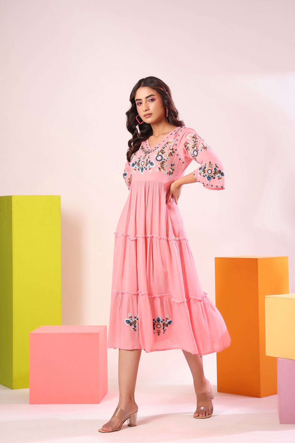 Mix Fabric Embroidred Ankle Dress