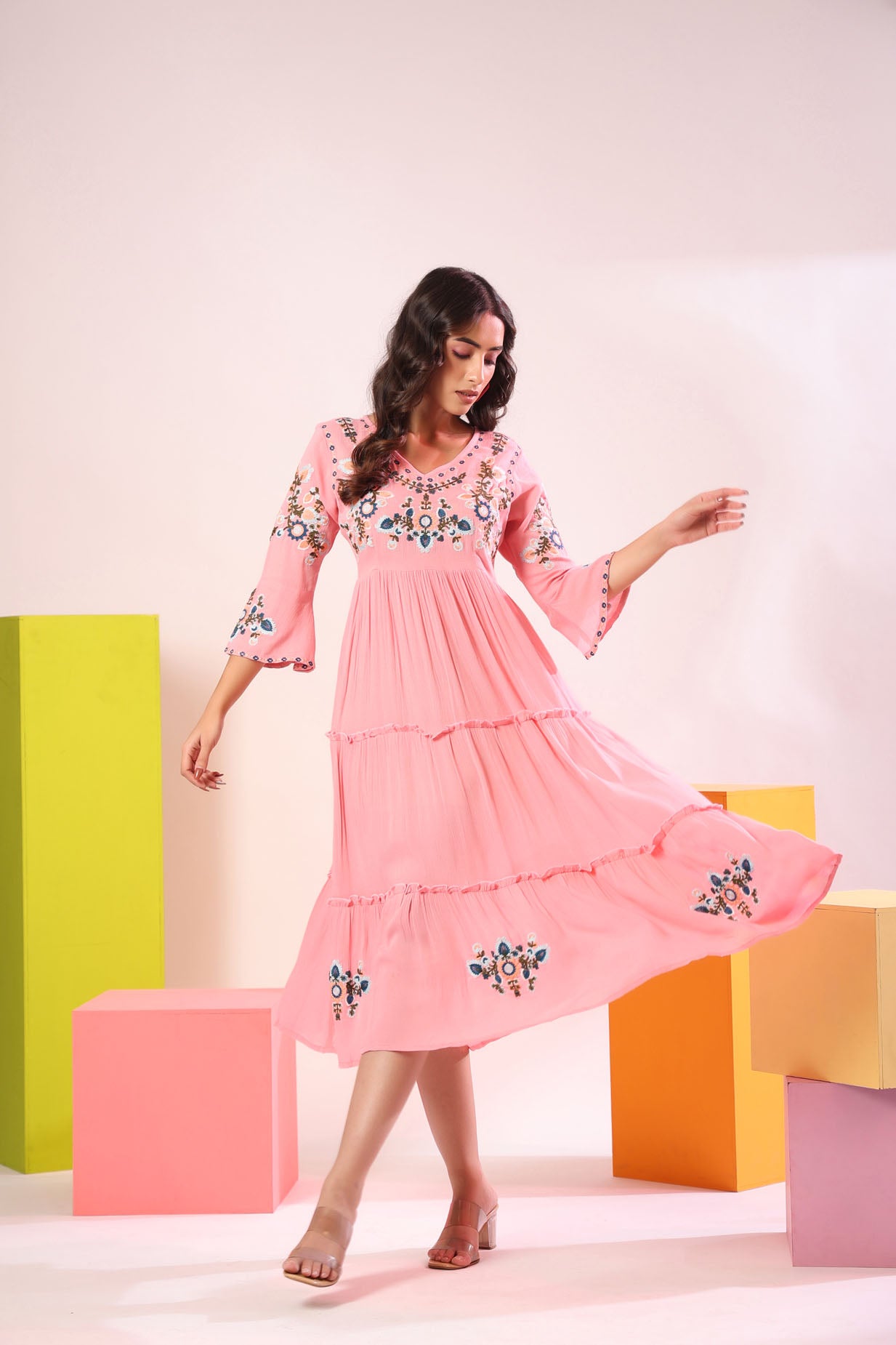 Mix Fabric Embroidred Ankle Dress
