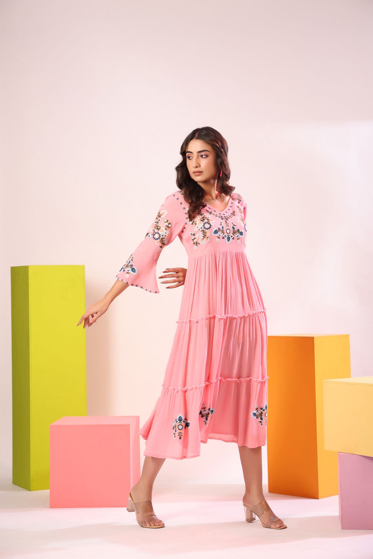 Mix Fabric Embroidred Ankle Dress