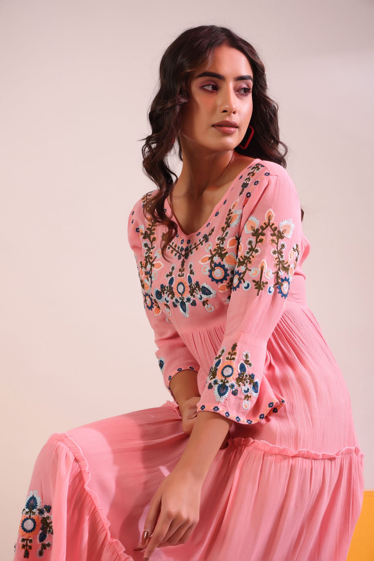 Mix Fabric Embroidred Ankle Dress