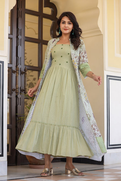 Designer Green Gown With Shrug