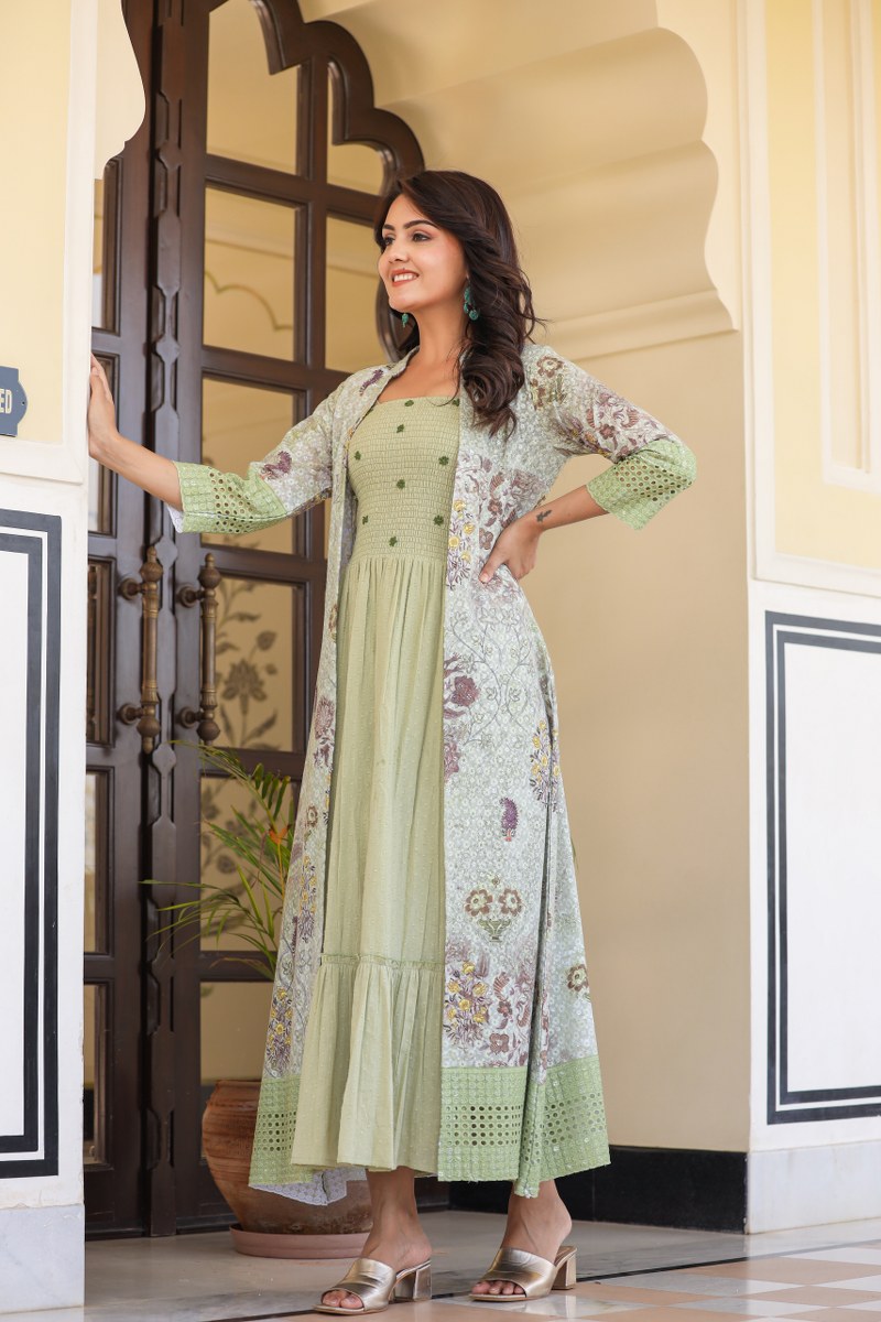 Designer Green Gown With Shrug