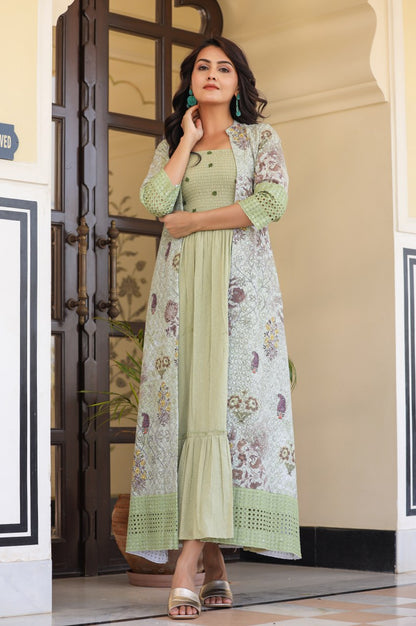 Designer Green Gown With Shrug