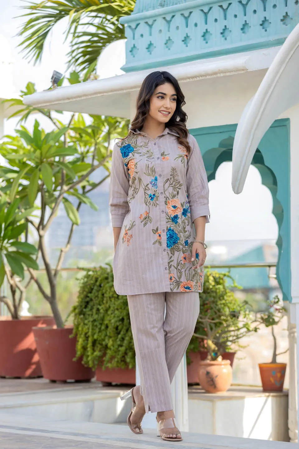 printed shirt collar pure cotton tunic with trousers