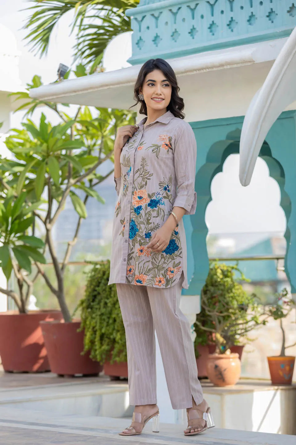 printed shirt collar pure cotton tunic with trousers