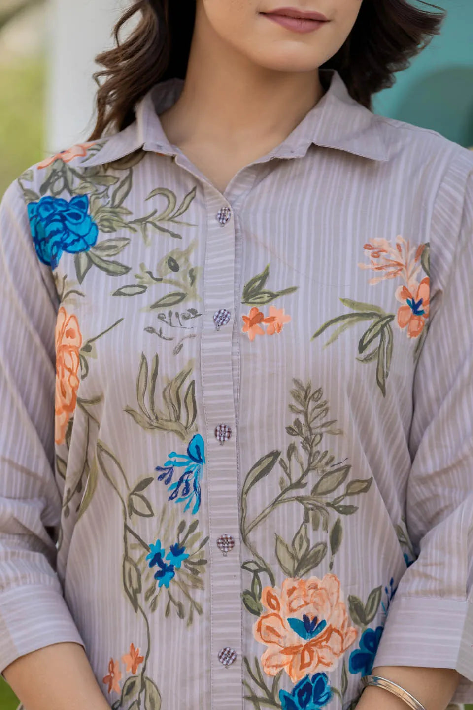printed shirt collar pure cotton tunic with trousers