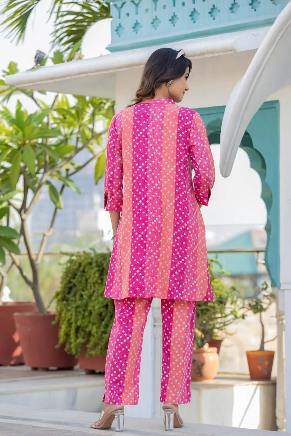 pink printed tunic with solid trousers co ord set