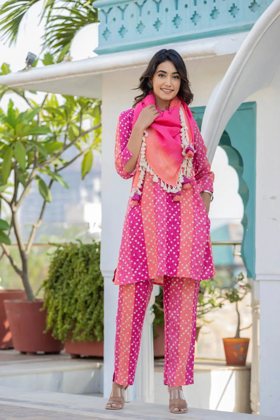 pink printed tunic with solid trousers co ord set