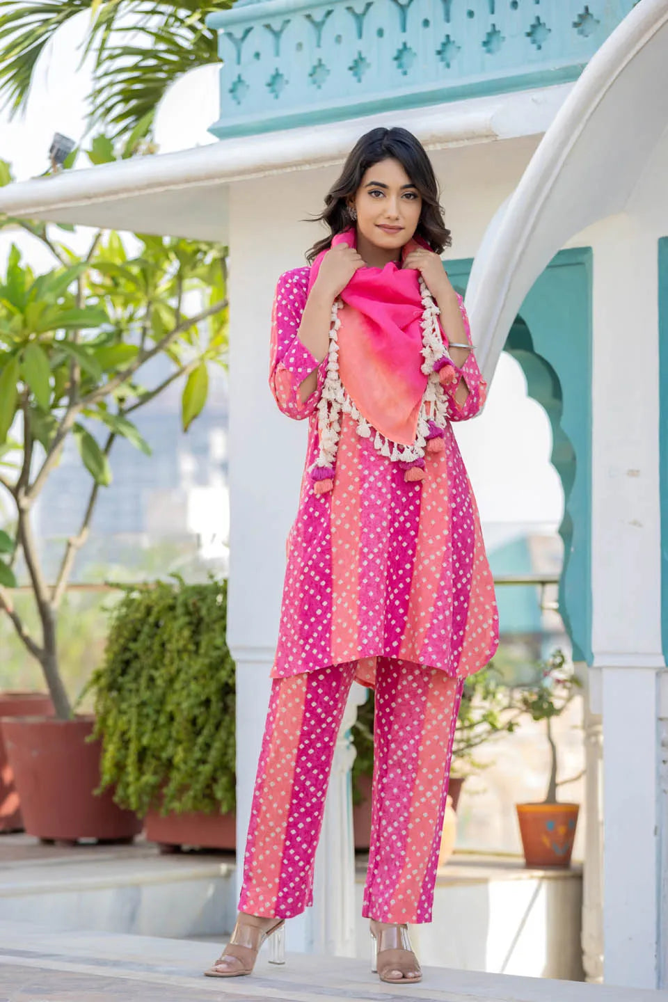 pink printed tunic with solid trousers co ord set