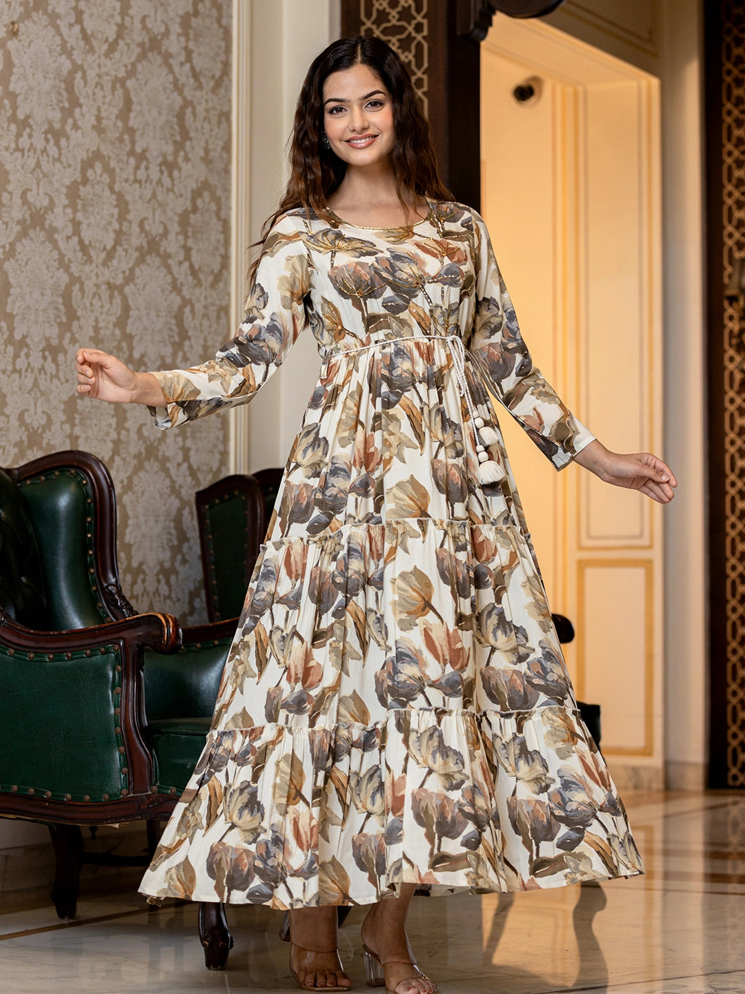 Radiant Reverie: Rayon Printed Long Gown