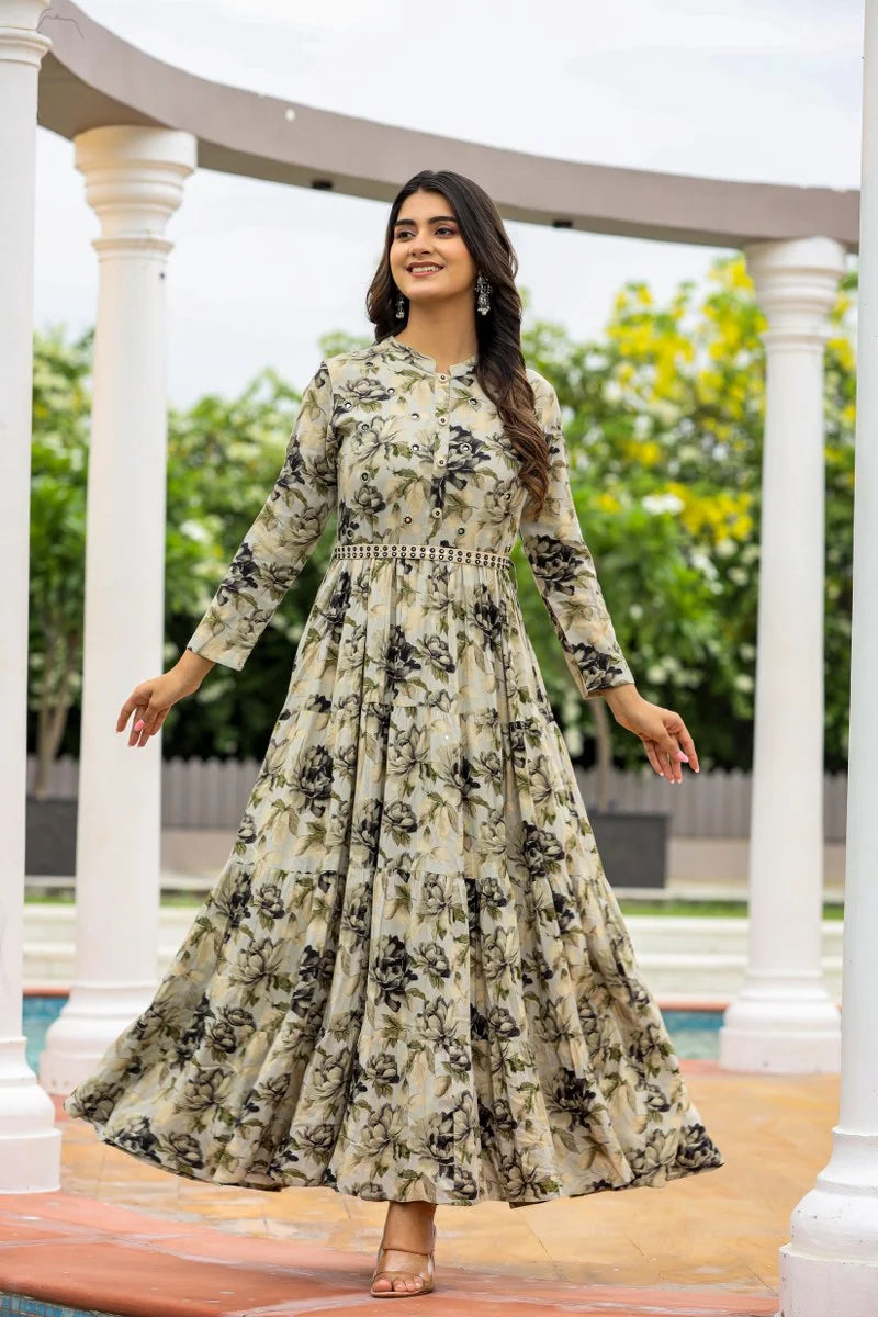 mix Printed Ladies Designer Long Gown Kurti, Anarkali, Full Sleeves at Rs  1099 in Surat