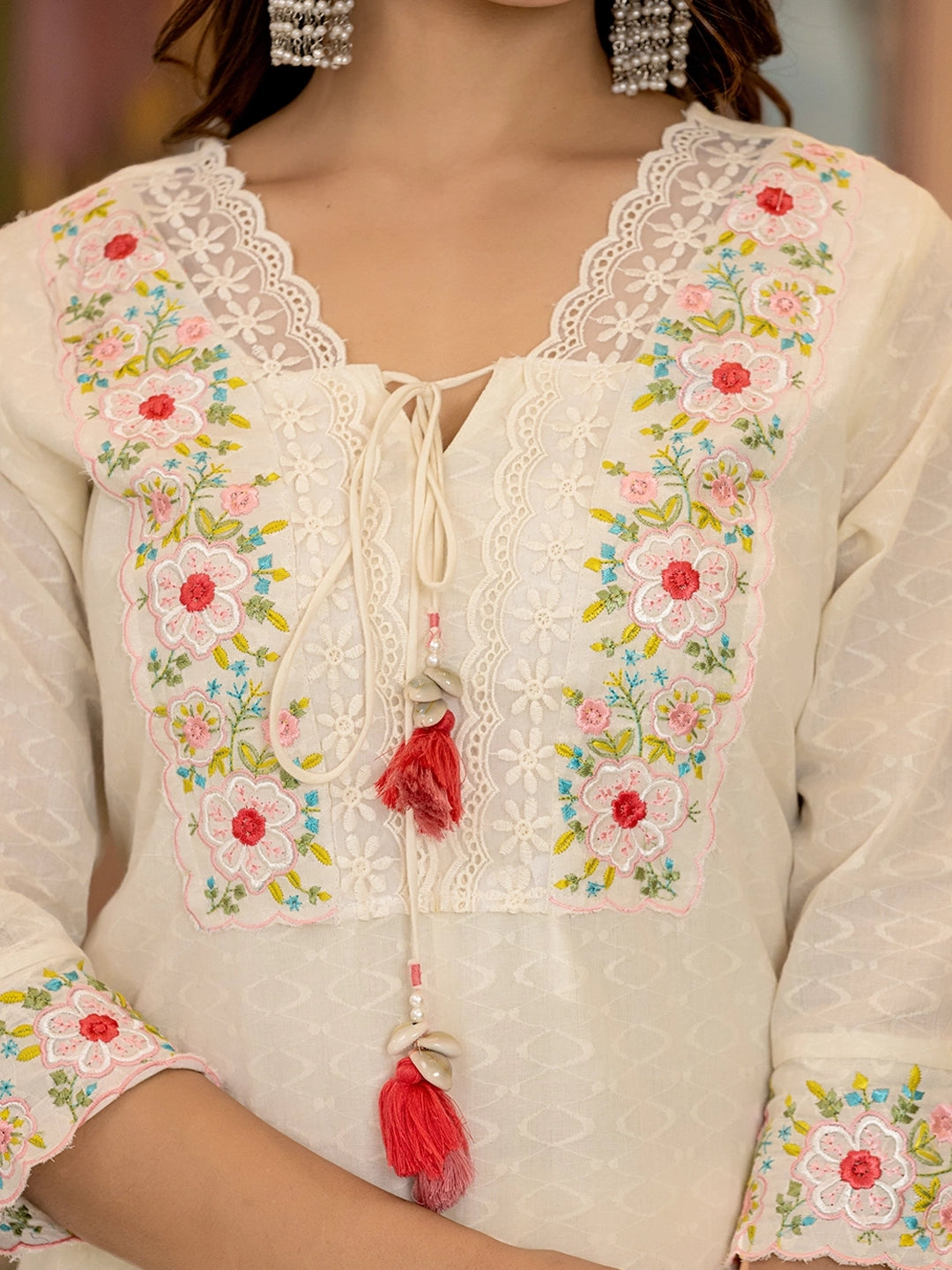 Ivory Elegance: Cotton Embroidered Kurta Set