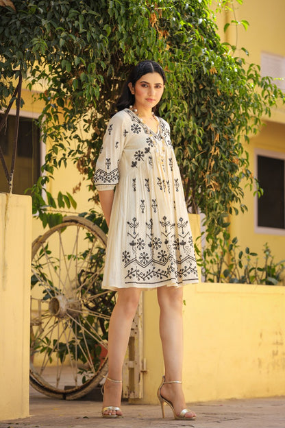 Beautiful White Dress With Black embroidery