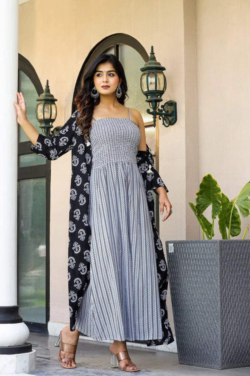 Exclusive Grey Long Gown With Black Shrug