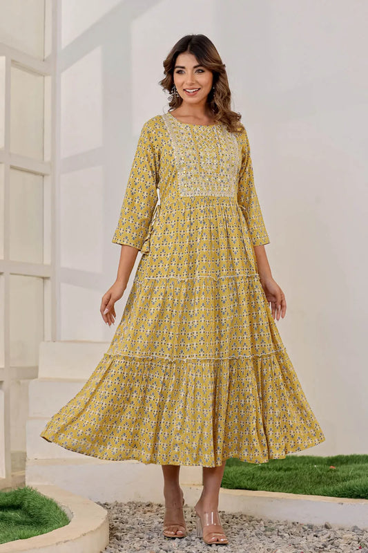 yellow ethnic motifs embroidered maxi dress