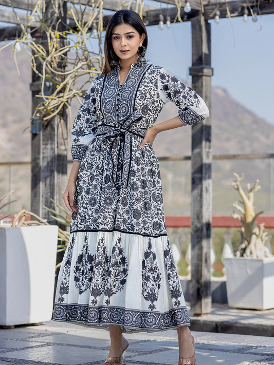 Printed Perfection: Black Rayon Long Gown