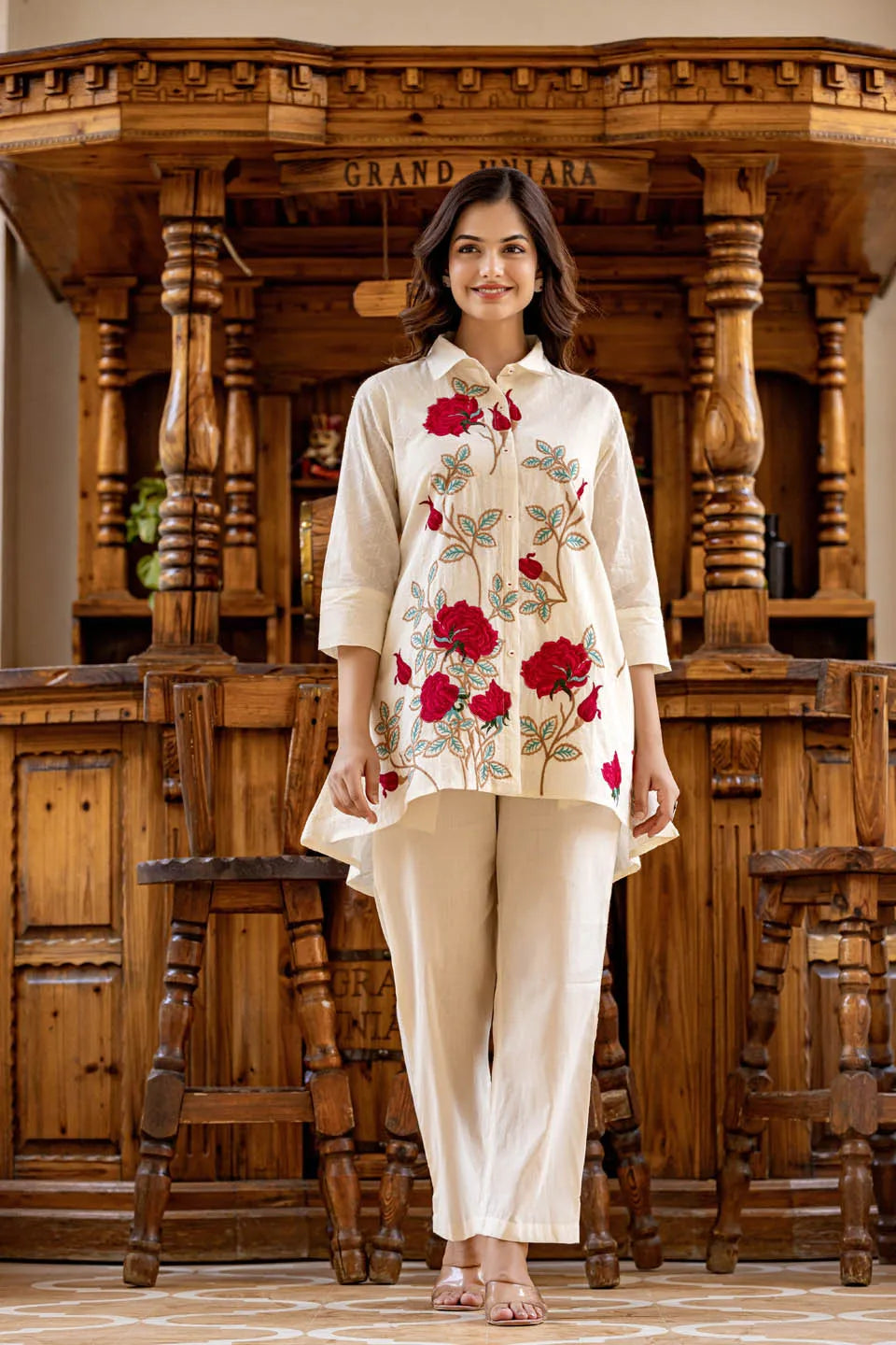 off-white embroidered shirt with trousers coordinated set