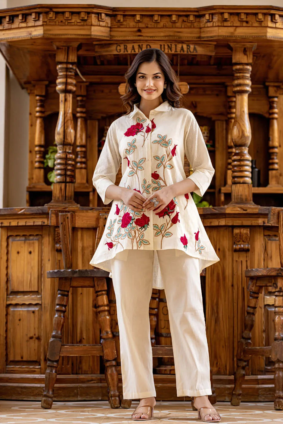off-white embroidered shirt with trousers coordinated set