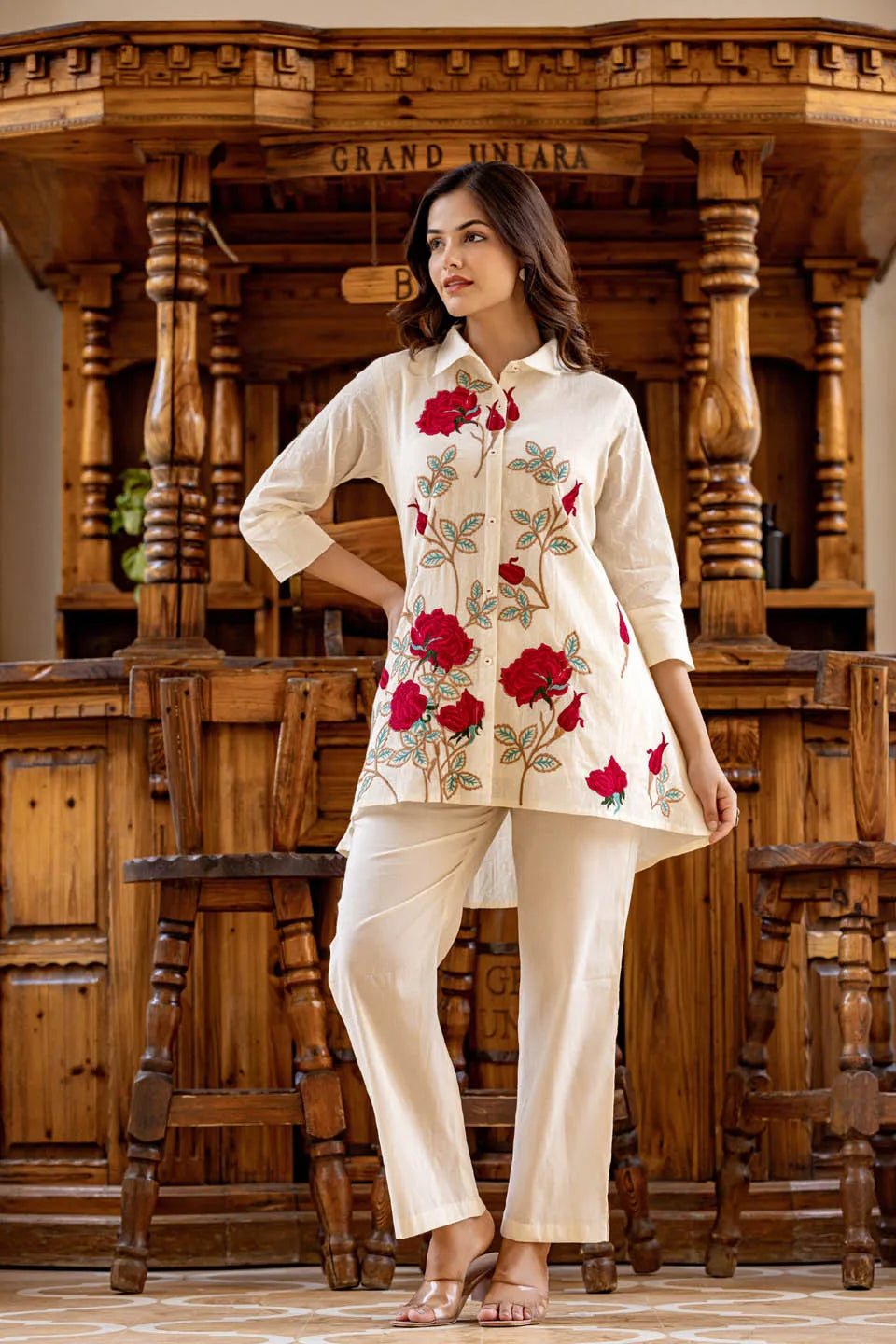 off-white embroidered shirt with trousers coordinated set