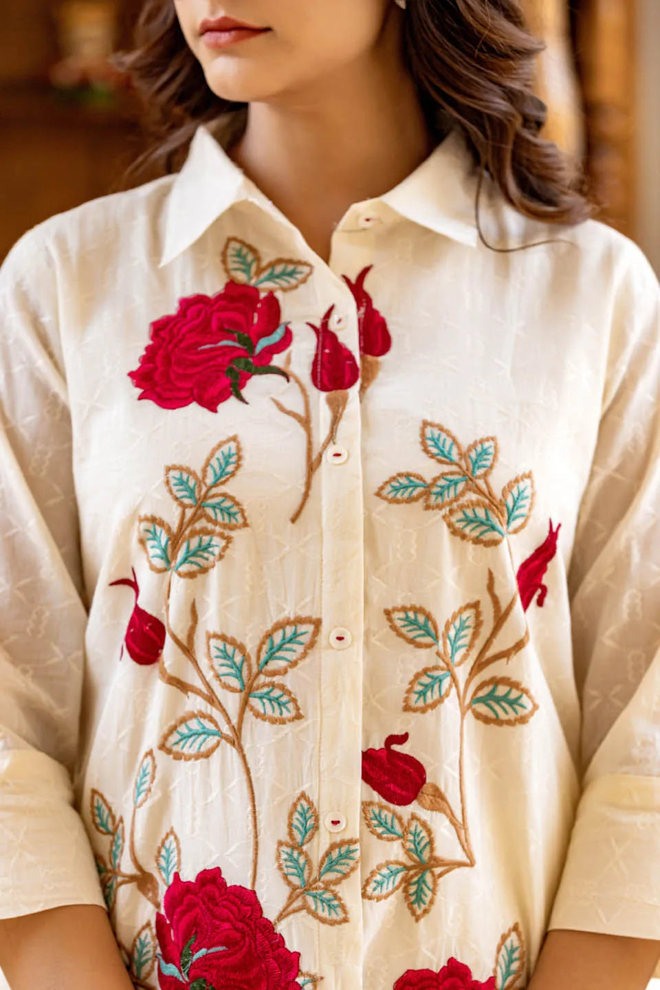off-white embroidered shirt with trousers coordinated set