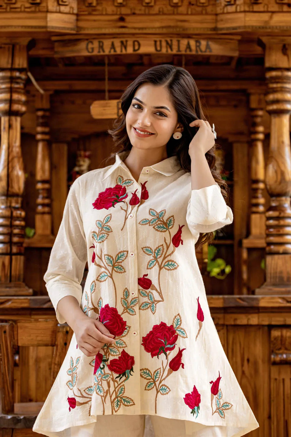 off-white embroidered shirt with trousers coordinated set
