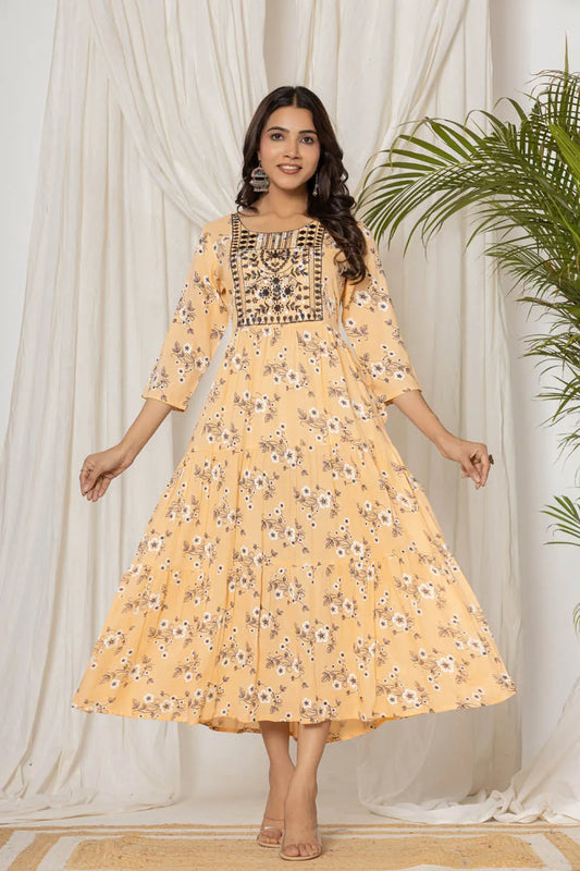 womens long dress in flower print with embroidery work on neckline