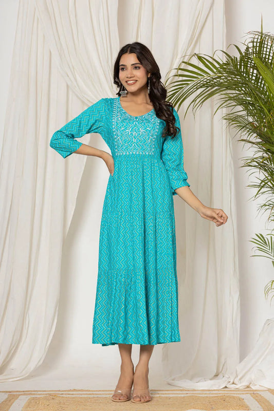 round neck zigzag print rayon long kurta with embroidered work on the front